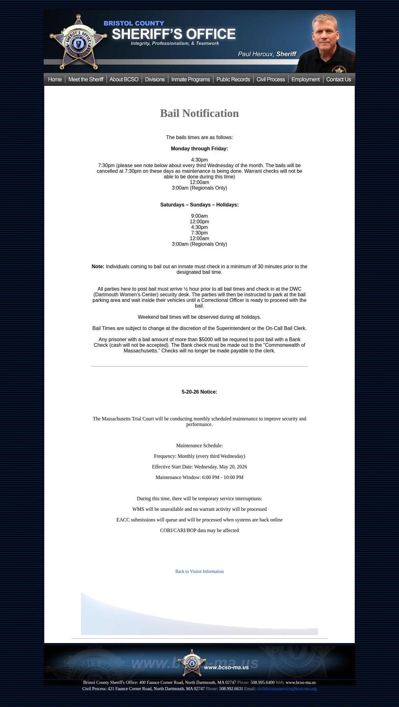 Bristol County bail release processing schedule and check-in rules