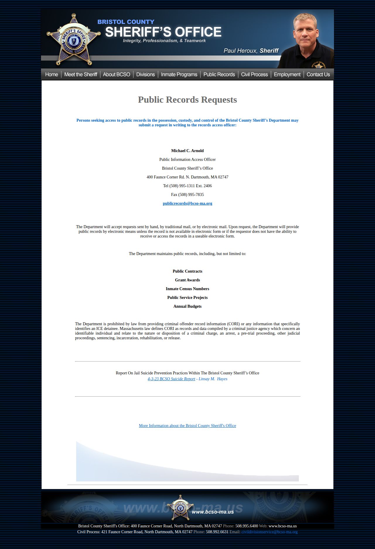 Bristol County release record request methods and CORI limits