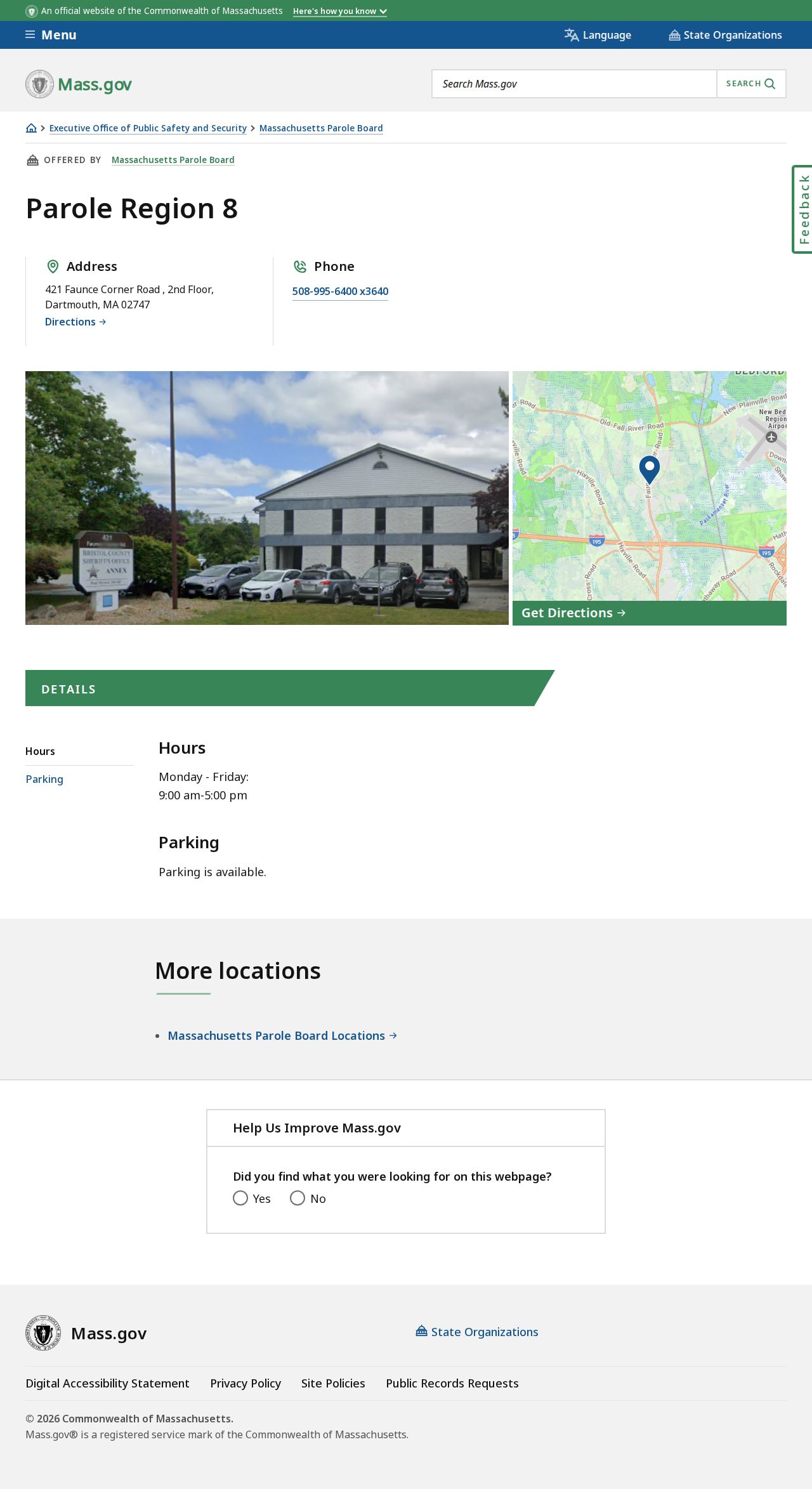 Bristol County parole supervision contact at Massachusetts Parole Region 8