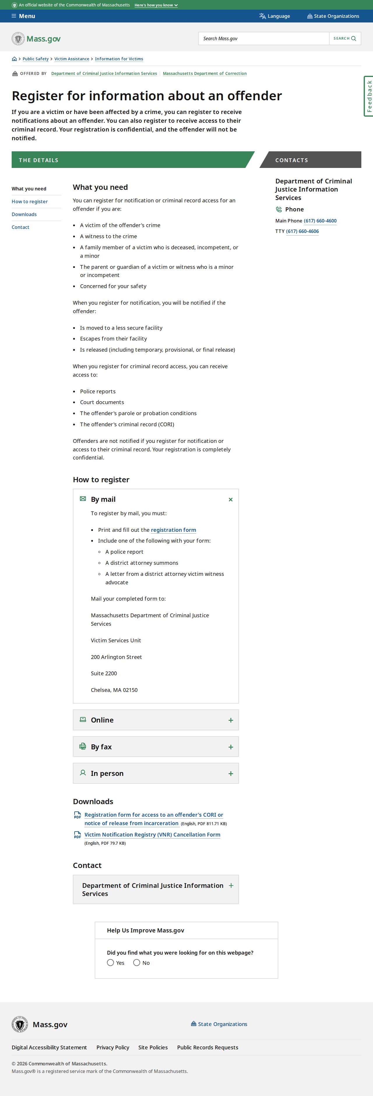 Formal Massachusetts victim notification enrollment for Bristol County release notices