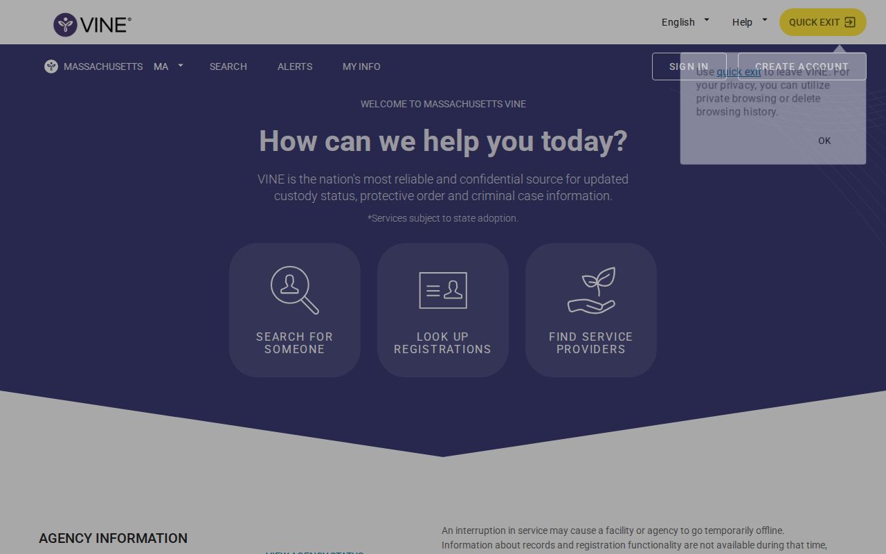 Massachusetts VINELink interface for Bristol County state-prison release verification