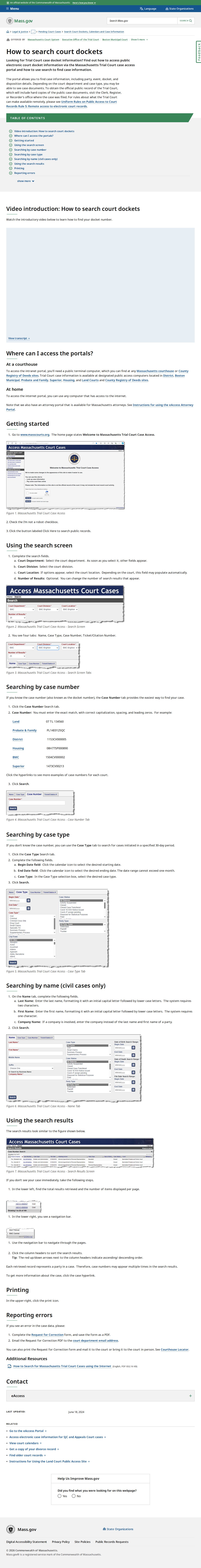 Official docket-number instructions for Bristol County release record searches